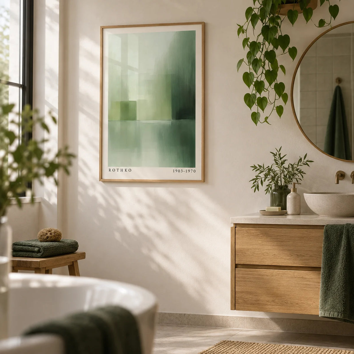 Green Abstract Wall Art, framed on the wall of a spa-like bathroom with a warm white wall and an oak vanity