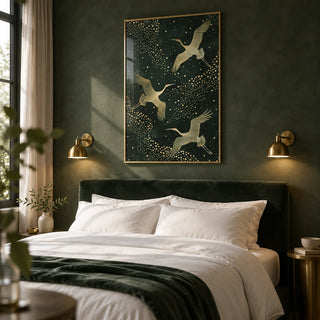 Green And Gold Print, framed on the wall of a boutique hotel style bedroom