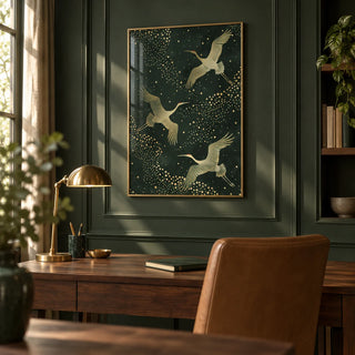 Green And Gold Print, framed on the wall of a calm study with dark green panelling