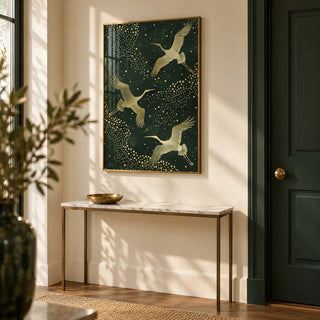 Green And Gold Print, framed on the wall of a elegant entryway
