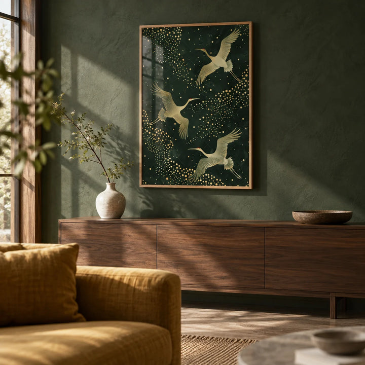 Green And Gold Print, framed on the wall of a Japanese-luxe living room