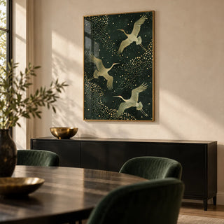 Green And Gold Print, framed on the wall of a refined dining room with a cream plaster wall