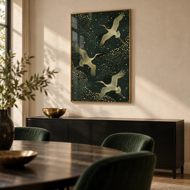 Green And Gold Print, framed on the wall of a refined dining room with a cream plaster wall