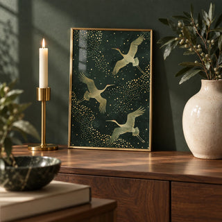 Green And Gold Print, a small A4 framed print leaning on a walnut sideboard in a living room