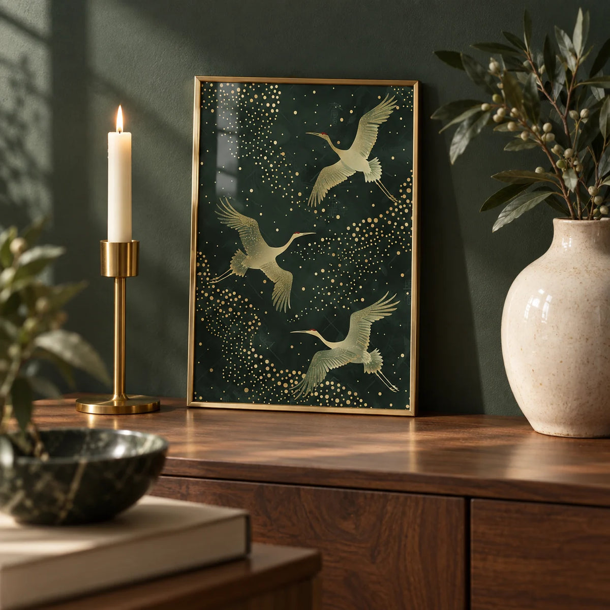 Green And Gold Print, a small A4 framed print leaning on a walnut sideboard in a living room