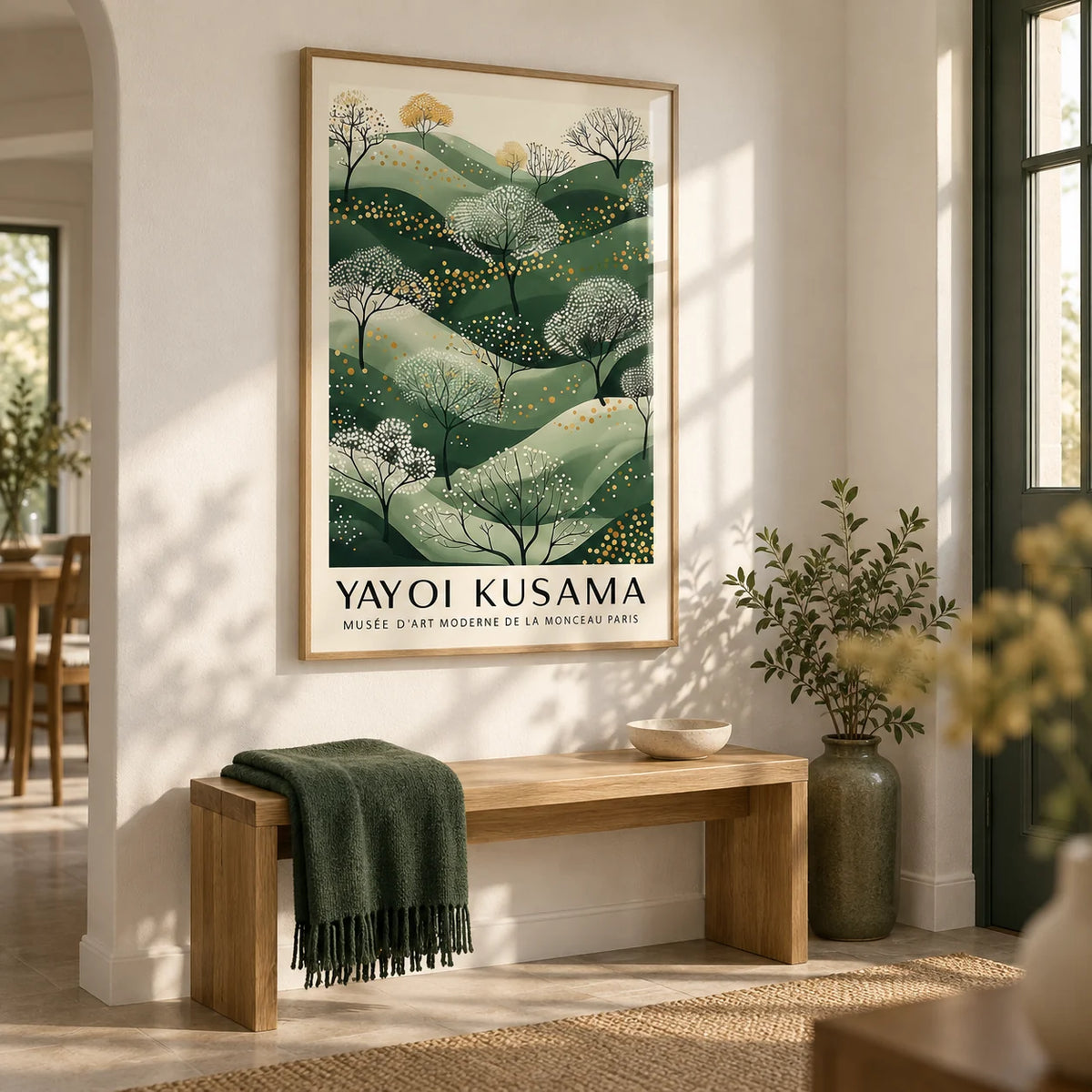 Green and Gold Wall Art, framed on the wall of a bright hallway with a soft white wall