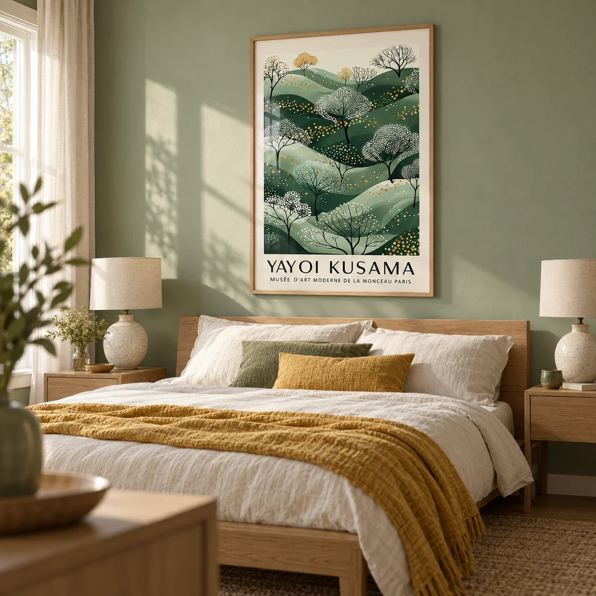 Green and Gold Wall Art, framed on the wall of a calm bedroom with a sage green painted wall