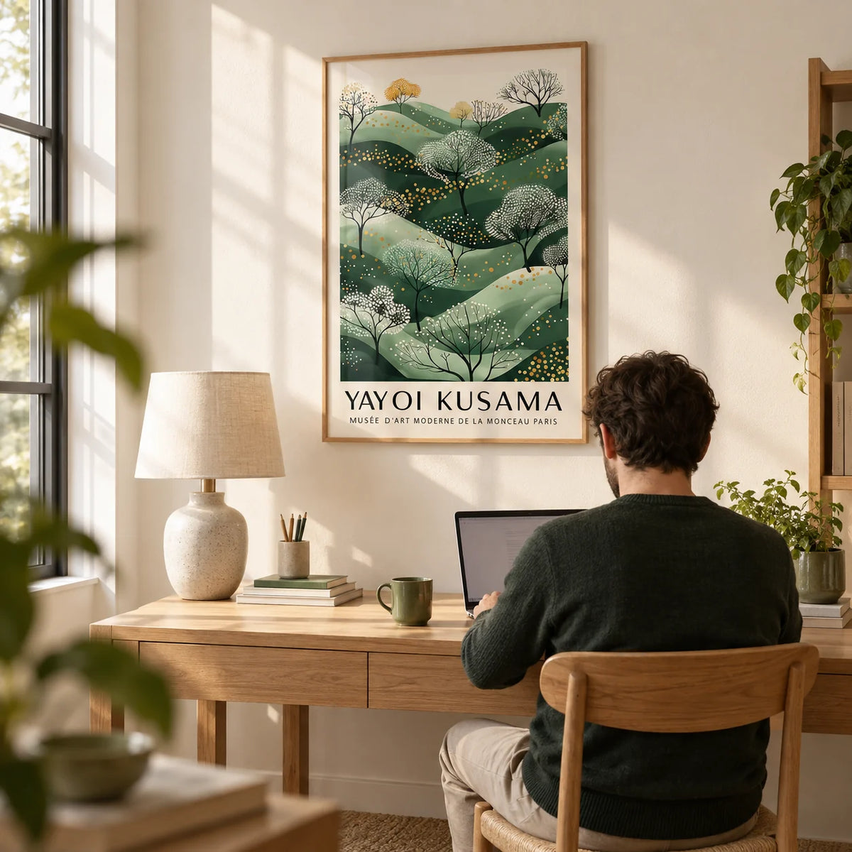 Green and Gold Wall Art, framed on the wall of a calm home office with a warm white wall
