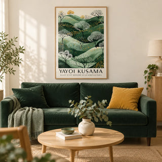 Green and Gold Wall Art, framed on the wall of a calm living room with a soft cream wall and a light oak floor