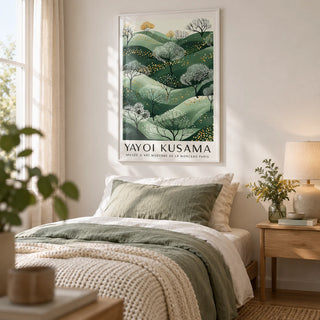 Green and Gold Wall Art, framed on the wall of a calm single guest bedroom with a warm white wall