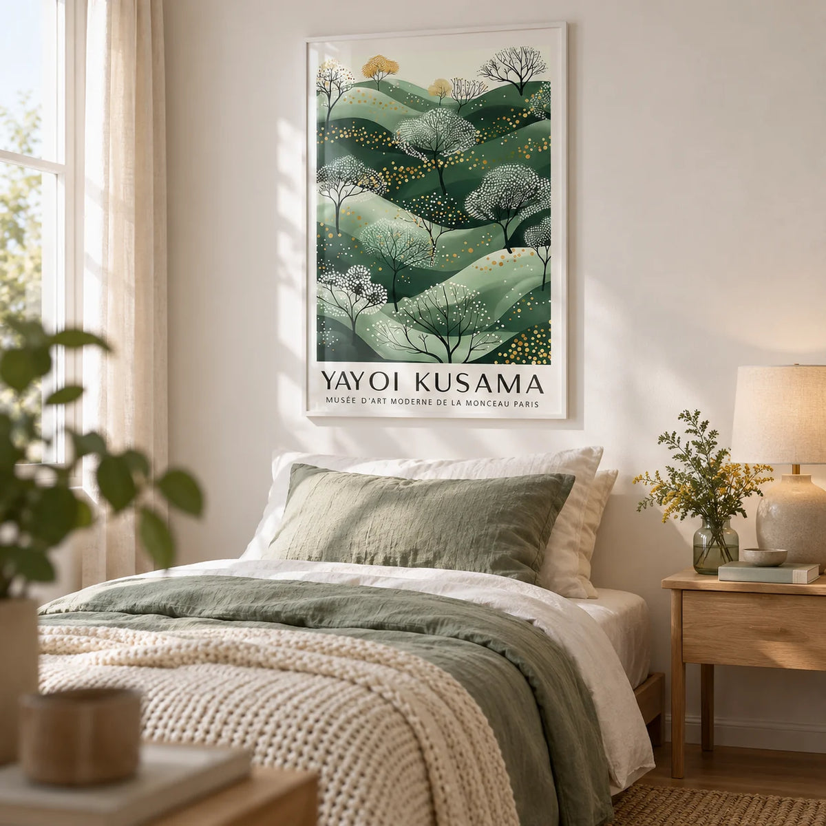 Green and Gold Wall Art, framed on the wall of a calm single guest bedroom with a warm white wall