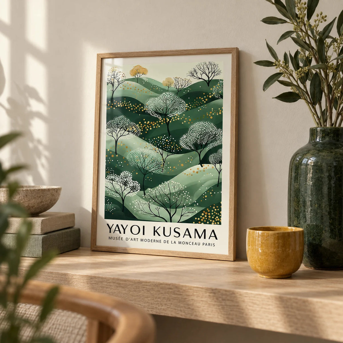 Green and Gold Wall Art, a small A4 framed print leaning on a pale oak shelf in a living room