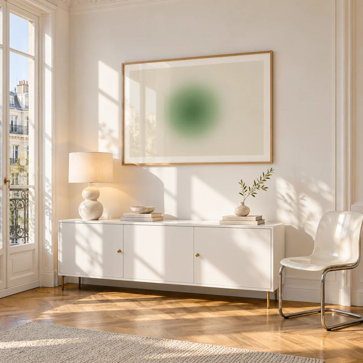 Green Aura Poster, framed on the wall of a bright Paris style apartment in a living room
