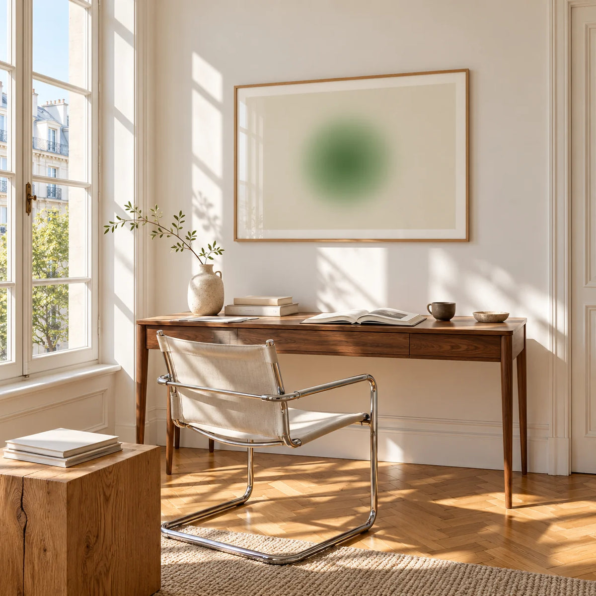 Green Aura Poster, framed on the wall of a bright study corner with a tall white paned window