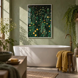 Green Decor, framed on the wall of a calm bathroom with a sage green limewashed wall