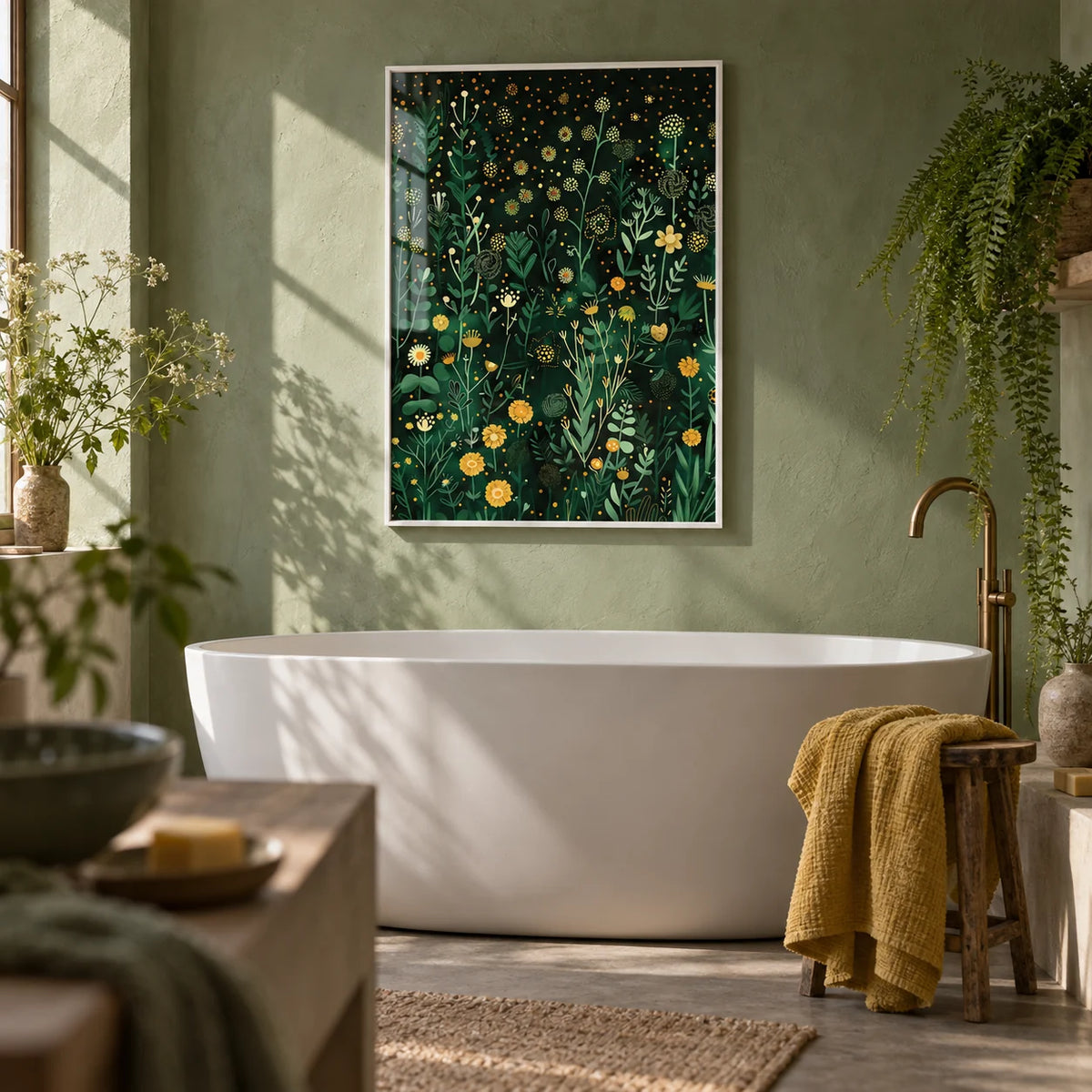 Green Decor, framed on the wall of a calm bathroom with a sage green limewashed wall