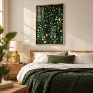 Green Decor, framed on the wall of a calm bedroom with a warm white wall