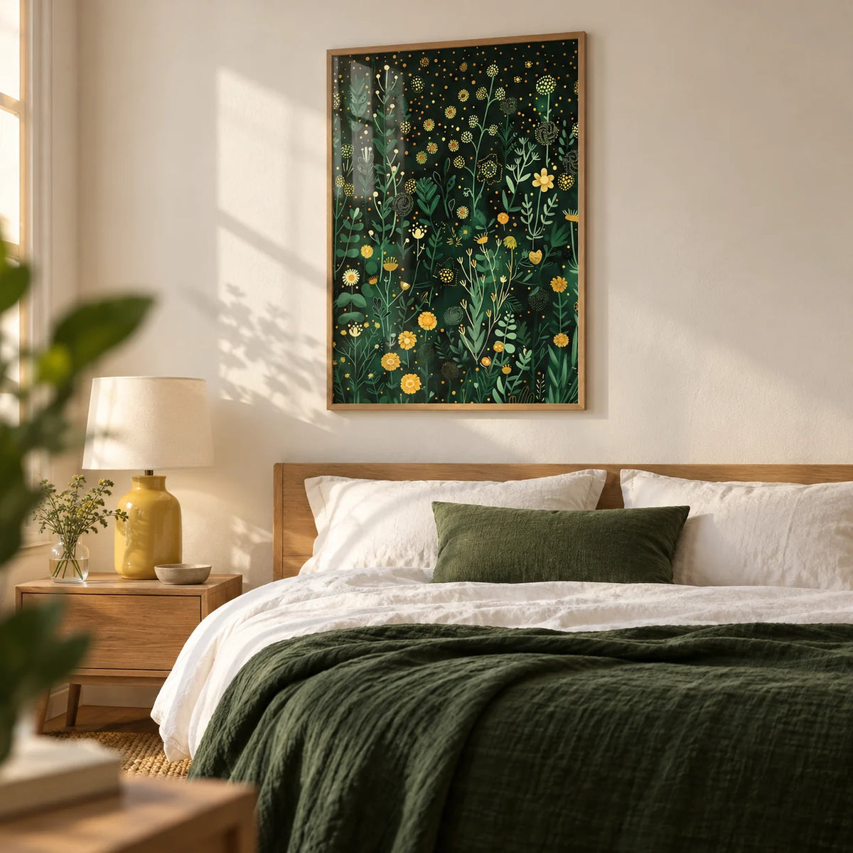 Green Decor, framed on the wall of a calm bedroom with a warm white wall