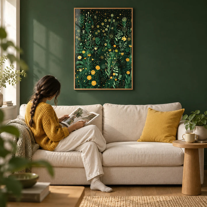 Green Decor, framed on the wall of a cosy living room with a deep forest green painted wall and oak floorboards