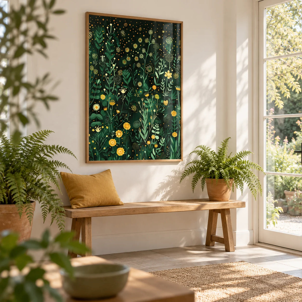 Green Decor, framed on the wall of a garden room with white walls and glass doors to a garden