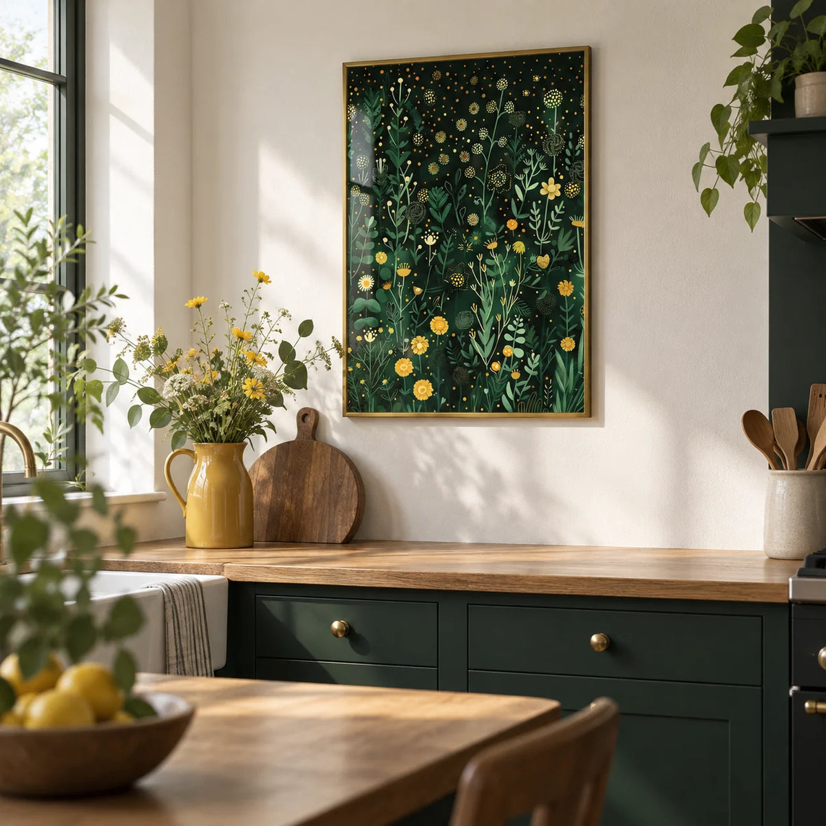 Green Decor, framed on the wall of a kitchen with plain deep green cabinets and a white wall