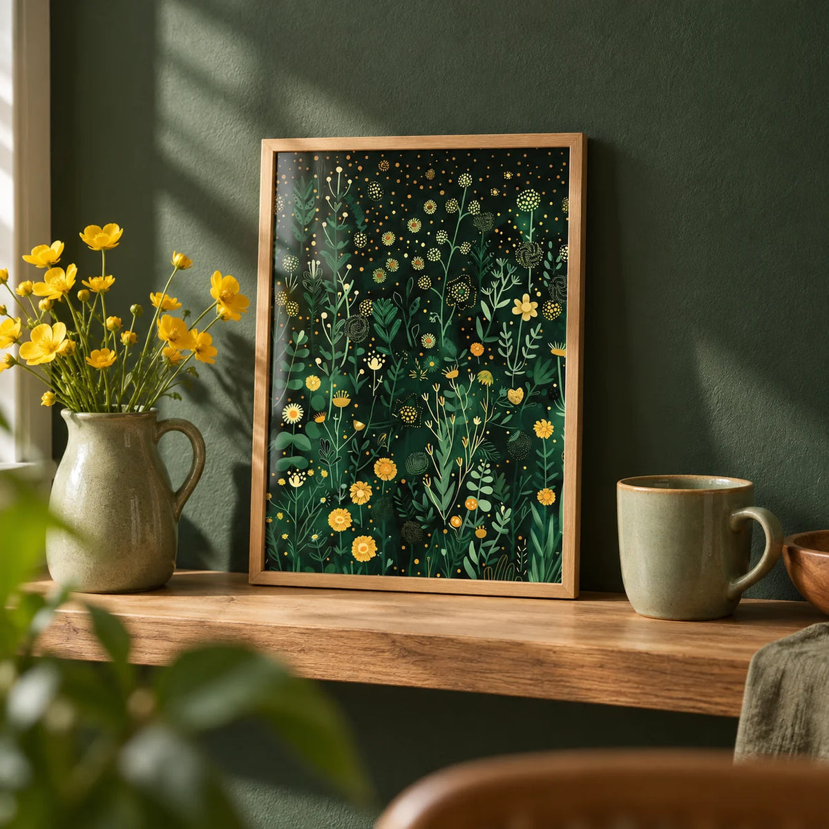 Green Decor, a small A4 framed print leaning on an oak shelf in a living room
