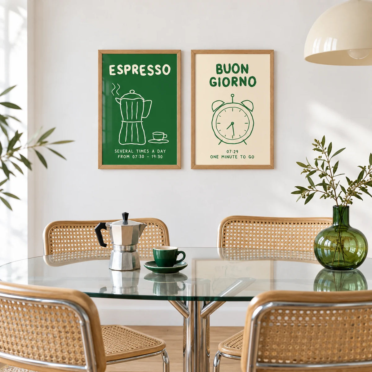 Green Kitchen Prints Set of 2 styled in a modern dining area: Espresso Hours and Morning Bells shown framed side by side (frames not included)