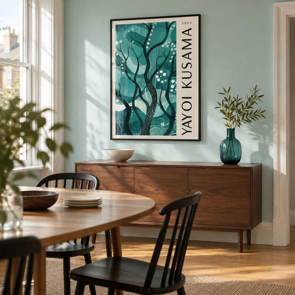Green Nature Poster, framed on the wall of a bright dining room in a renovated UK terrace with a pale aqua wall and warm oak floor