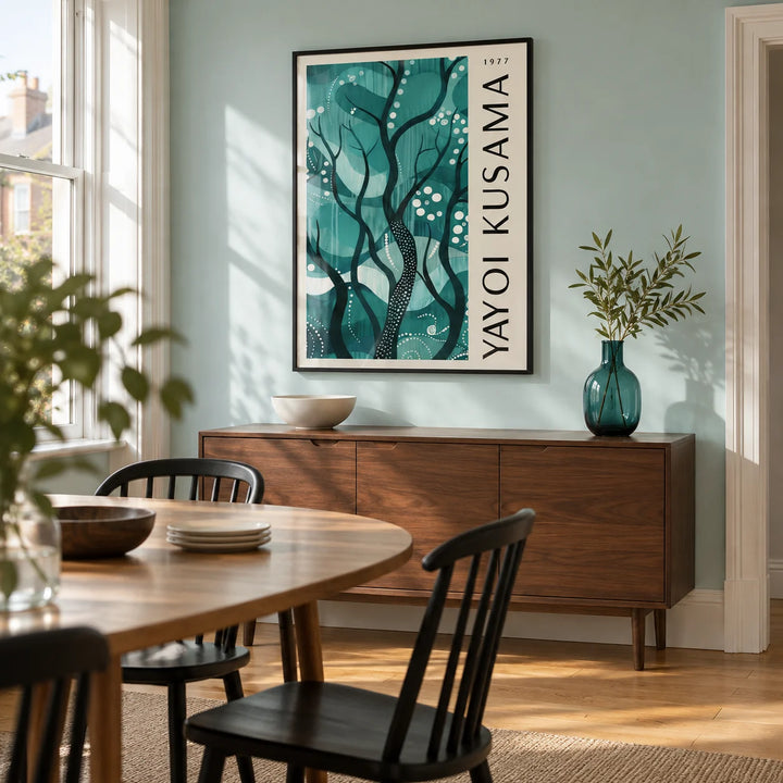 Green Nature Poster, framed on the wall of a bright dining room in a renovated UK terrace with a pale aqua wall and warm oak floor