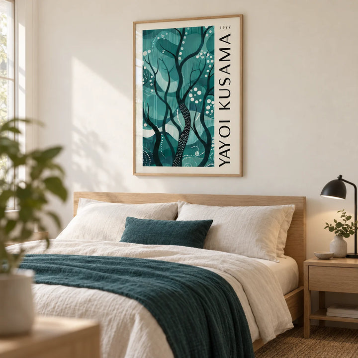 Green Nature Poster, framed on the wall of a calm contemporary main bedroom with an ivory wall and pale oak furniture