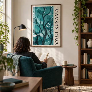 Green Nature Poster, framed on the wall of a compact study and reading room in a UK flat with an ivory wall and a walnut bookcase off to one side