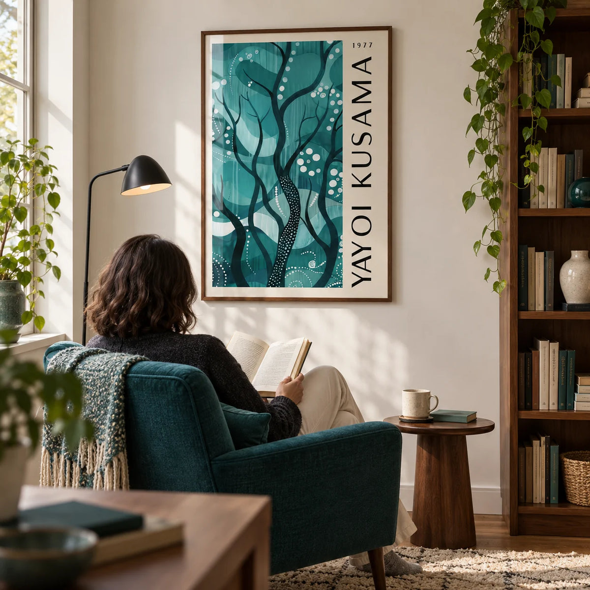 Green Nature Poster, framed on the wall of a compact study and reading room in a UK flat with an ivory wall and a walnut bookcase off to one side