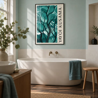 Green Nature Poster, framed on the wall of a contemporary bathroom in a UK townhouse with a pale aqua painted wall