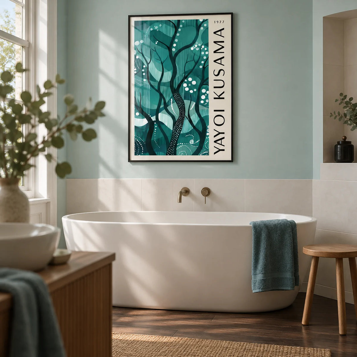 Green Nature Poster, framed on the wall of a contemporary bathroom in a UK townhouse with a pale aqua painted wall
