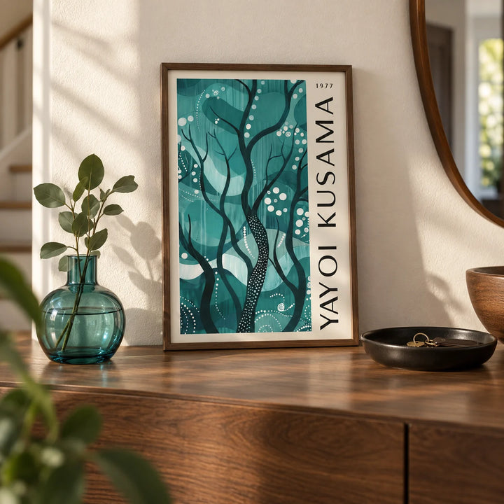 Green Nature Poster, a small A4 framed print leaning on a walnut hallway side table