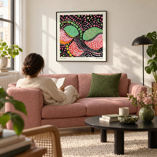 Green Pink Art, framed on the wall of a bright design-led living room in a city flat with an off-white wall