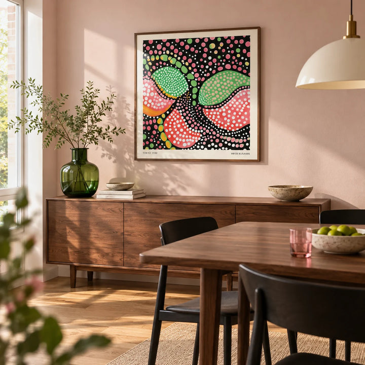 Green Pink Art, framed on the wall of a contemporary dining room in a terraced home with a pale blush wall and oak floorboards