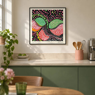 Green Pink Art, framed on the wall of a modern kitchen in a UK first flat with flat-front green cabinets