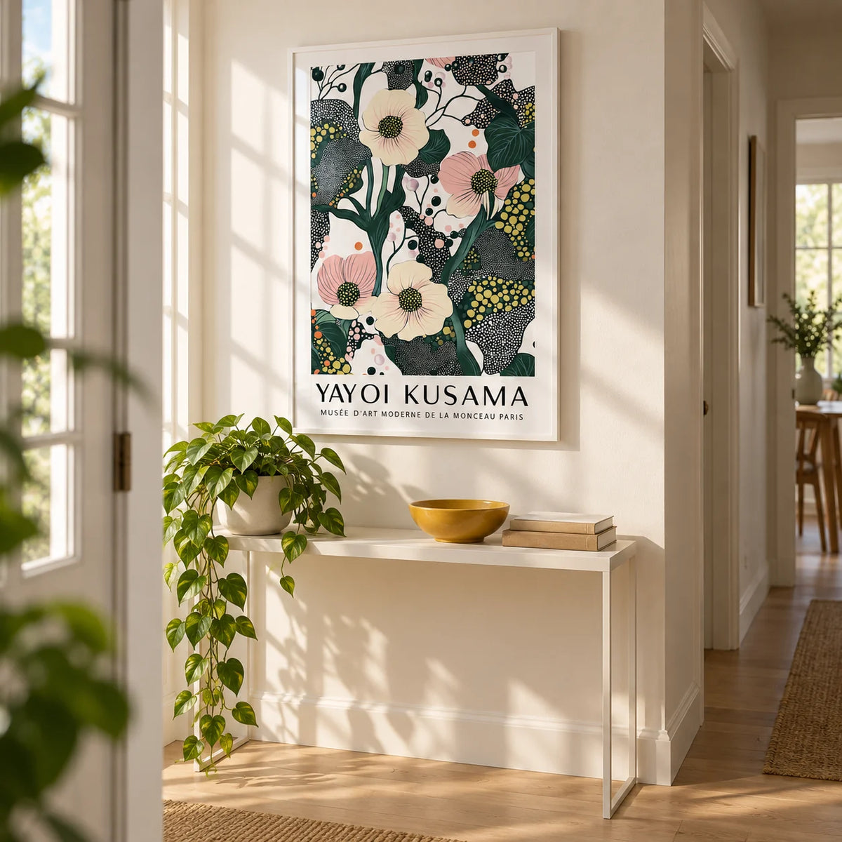 Green Pink Wall Art, framed on the wall of a bright hallway with a warm white wall and a pale oak floor