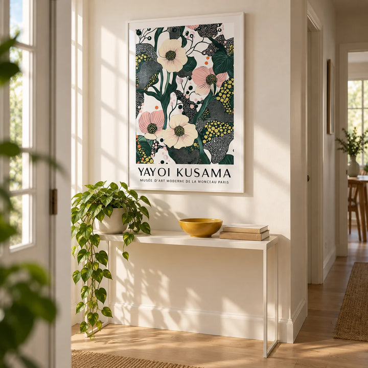 Green Pink Wall Art, framed on the wall of a bright hallway with a warm white wall and a pale oak floor