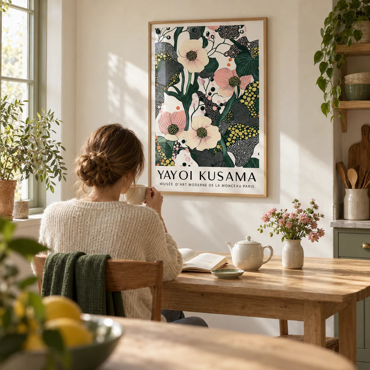 Green Pink Wall Art, framed on the wall of a calm cottage kitchen with a cream wall
