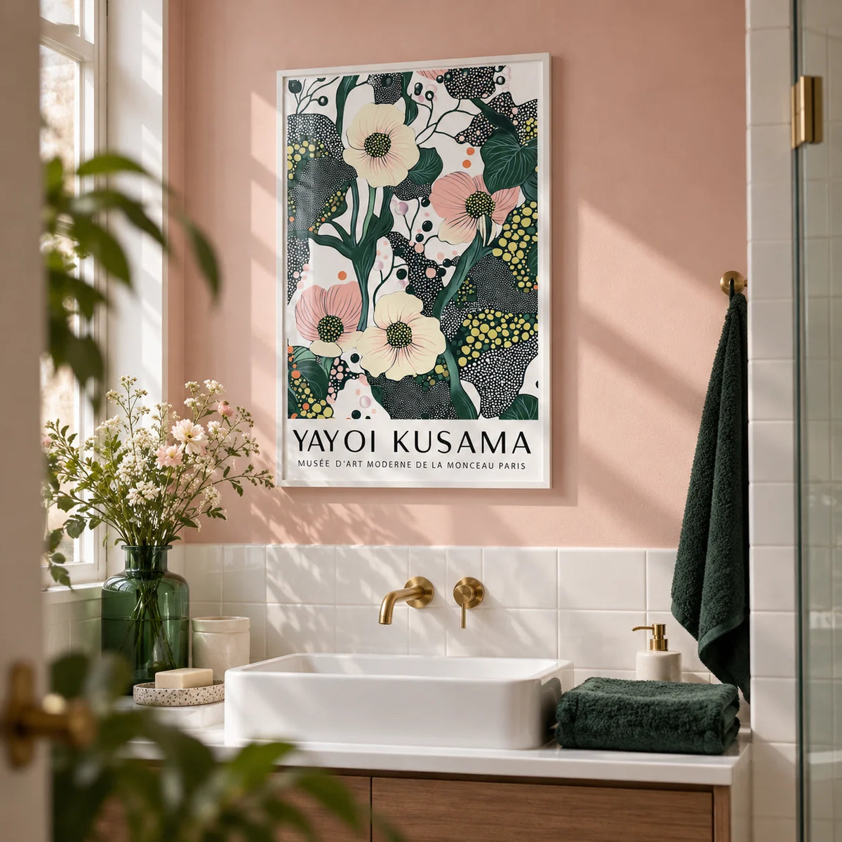 Green Pink Wall Art, framed on the wall of a fresh bathroom with a blush pink painted wall and plain white tiles