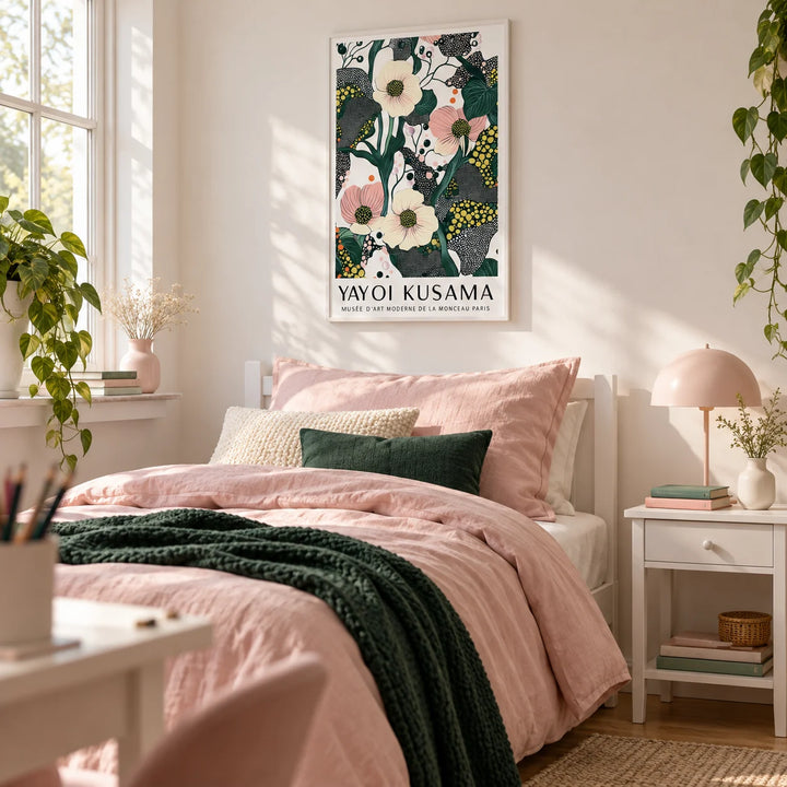 Green Pink Wall Art, framed on the wall of a pretty single bedroom for a teen girl (13-17) with a soft white wall
