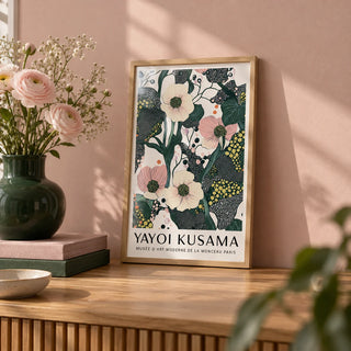 Green Pink Wall Art, a small A4 framed print leaning on an oak shelf in a living room