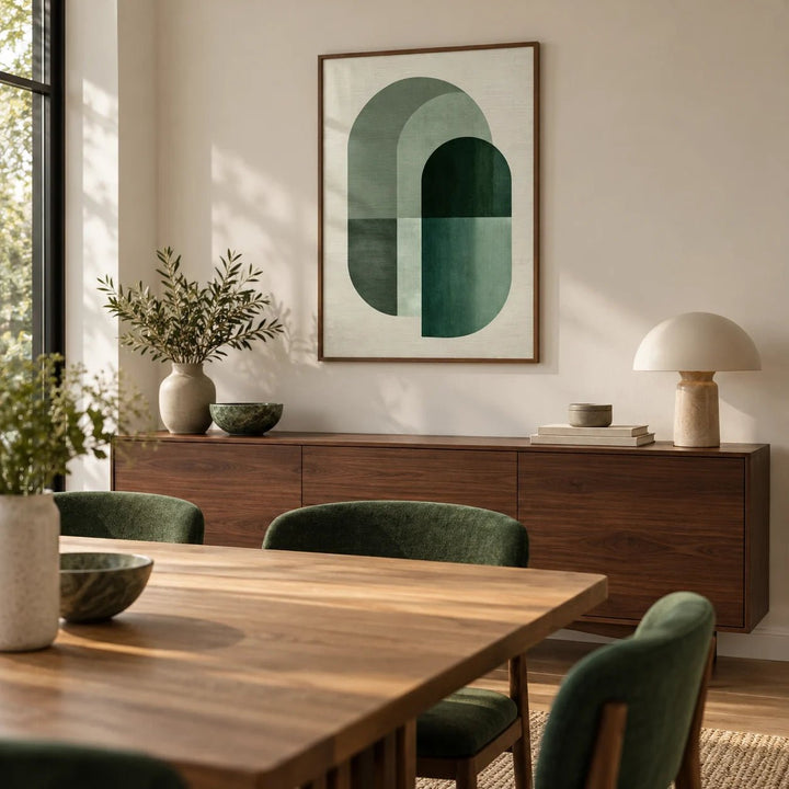 Green Tone Poster Print, framed on the wall of a calm dining room