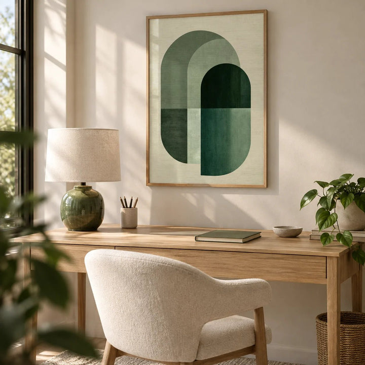 Green Tone Poster Print, framed on the wall of a calm home office