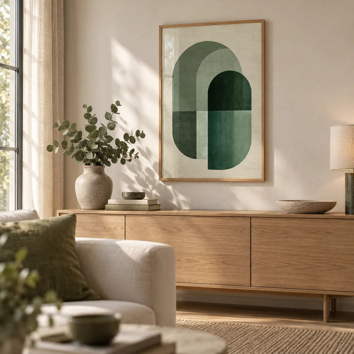 Green Tone Poster Print, framed on the wall of a calm living room