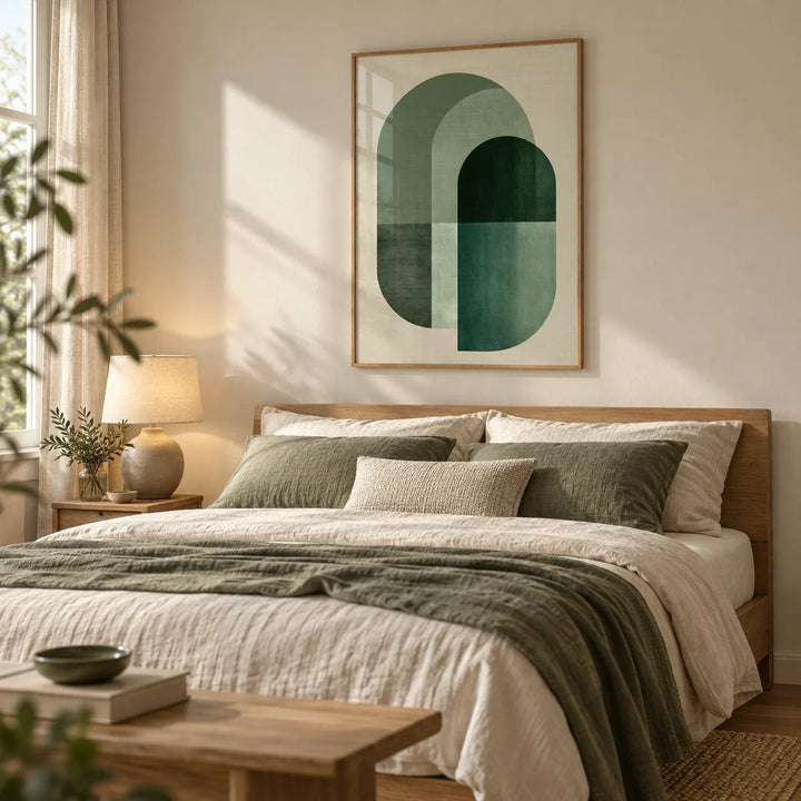 Green Tone Poster Print, framed on the wall of a serene bedroom