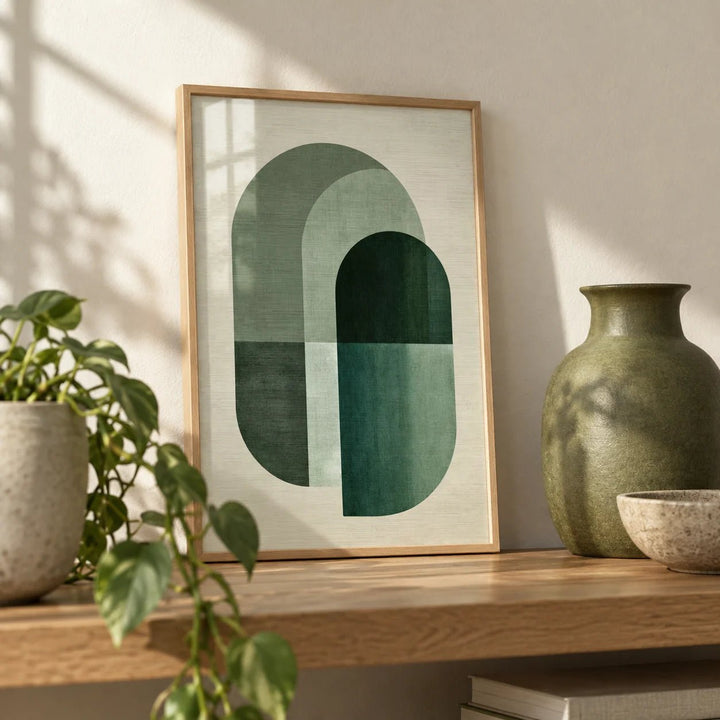 Green Tone Poster Print, a small A4 framed print leaning on an oak shelf in a living room