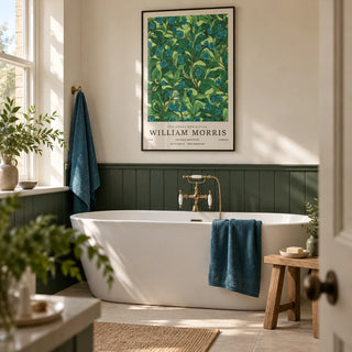 Green Wall Art for Living Room, framed on the wall of a calm bathroom in a renovated British terrace with warm ivory walls